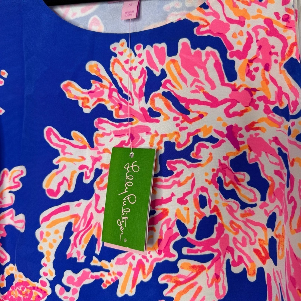 Lilly Pulitzer NWT Silk Blue Dress with Pink Coral Medium - Picture 3 of 7
